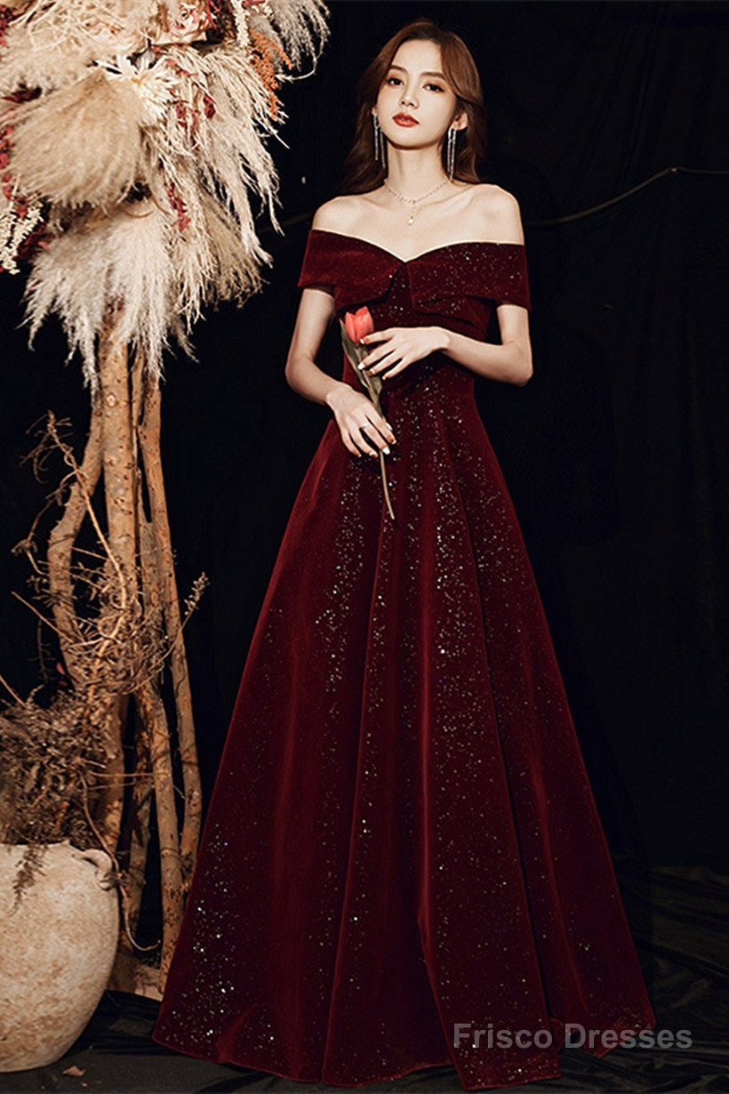 Wine Red Off Shoulder Prom Dress, Long Elegant Bridal Gown Sparkly Velvet Party Dress