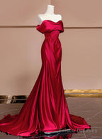 Wine Red Off Shoulder Satin Long Evening Dress, Wine Red Prom Dress