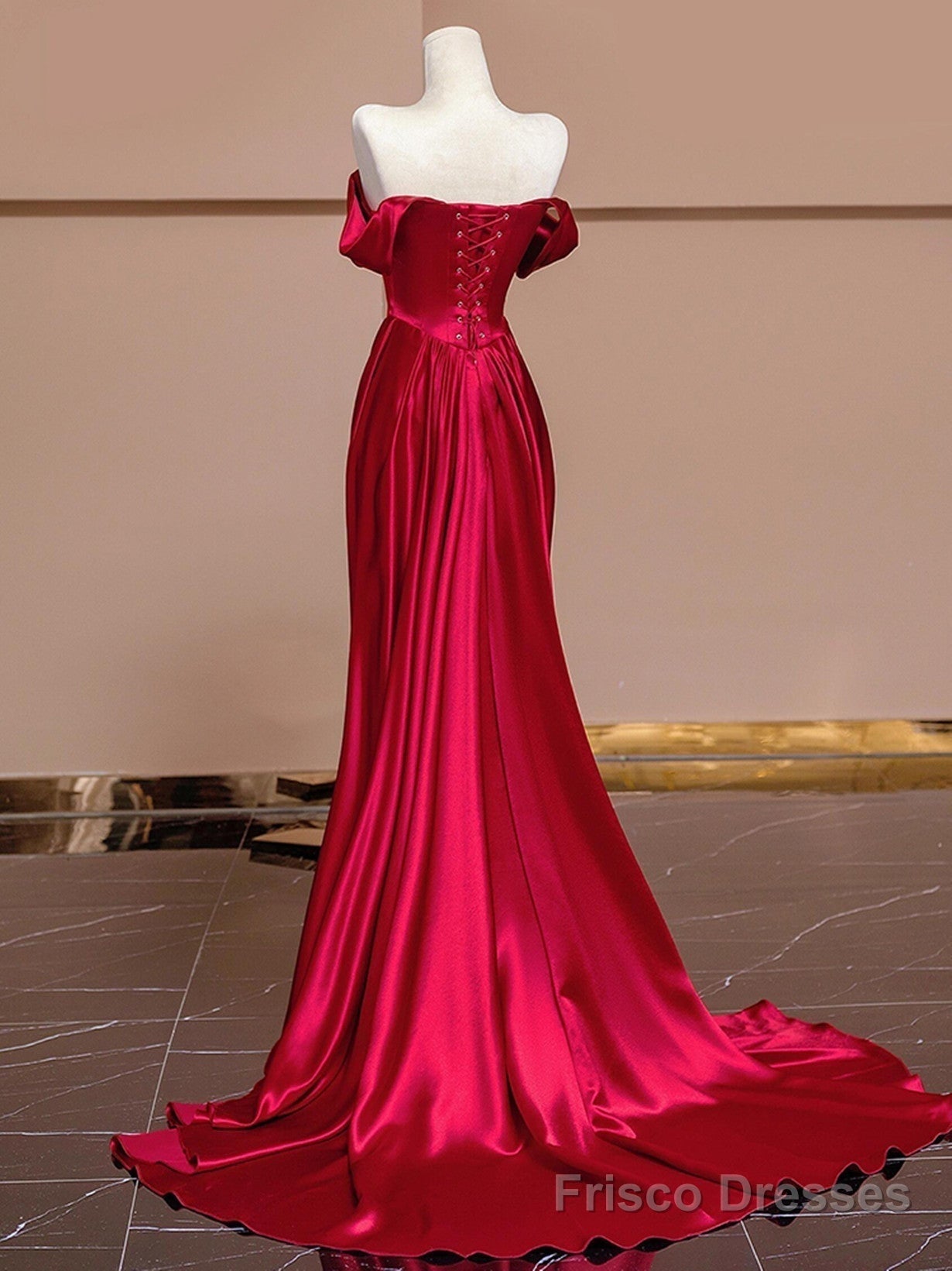 Wine Red Off Shoulder Satin Long Evening Dress, Wine Red Prom Dress