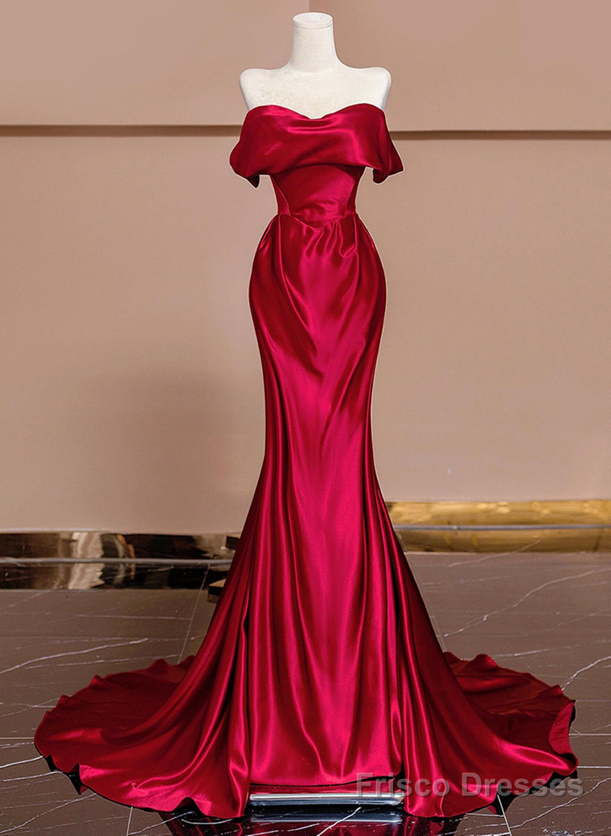 Wine Red Off Shoulder Satin Long Evening Dress, Wine Red Prom Dress