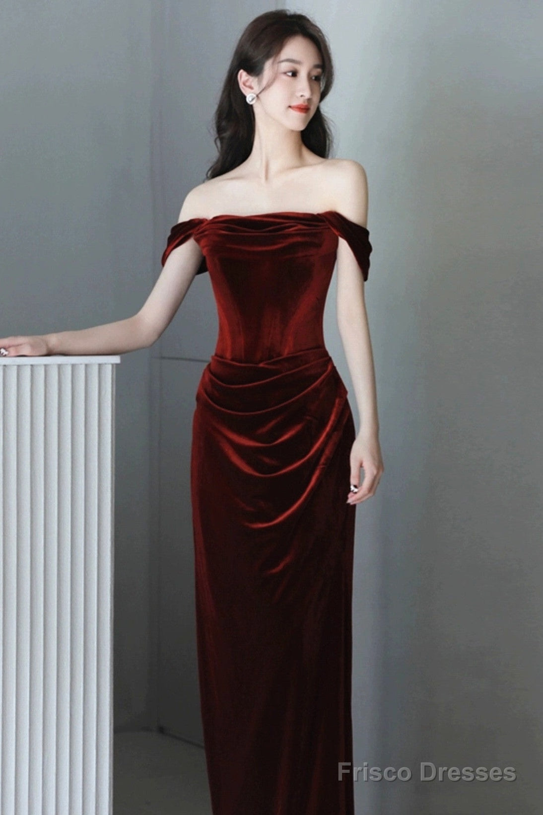 Wine Red Off Shoulder Scoop Long Party Dress, Wine Red Velvet Prom Dress Secondary image