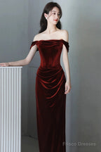 Wine Red Off Shoulder Scoop Long Party Dress, Wine Red Velvet Prom Dress