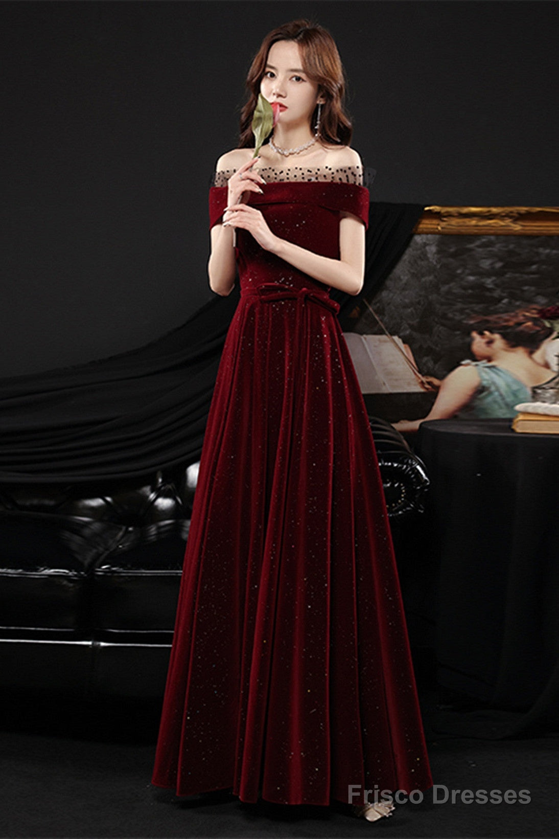 Wine Red Off Shoulder Simple Scoop Long Party Dress, Wine Red Evening Dress Secondary image