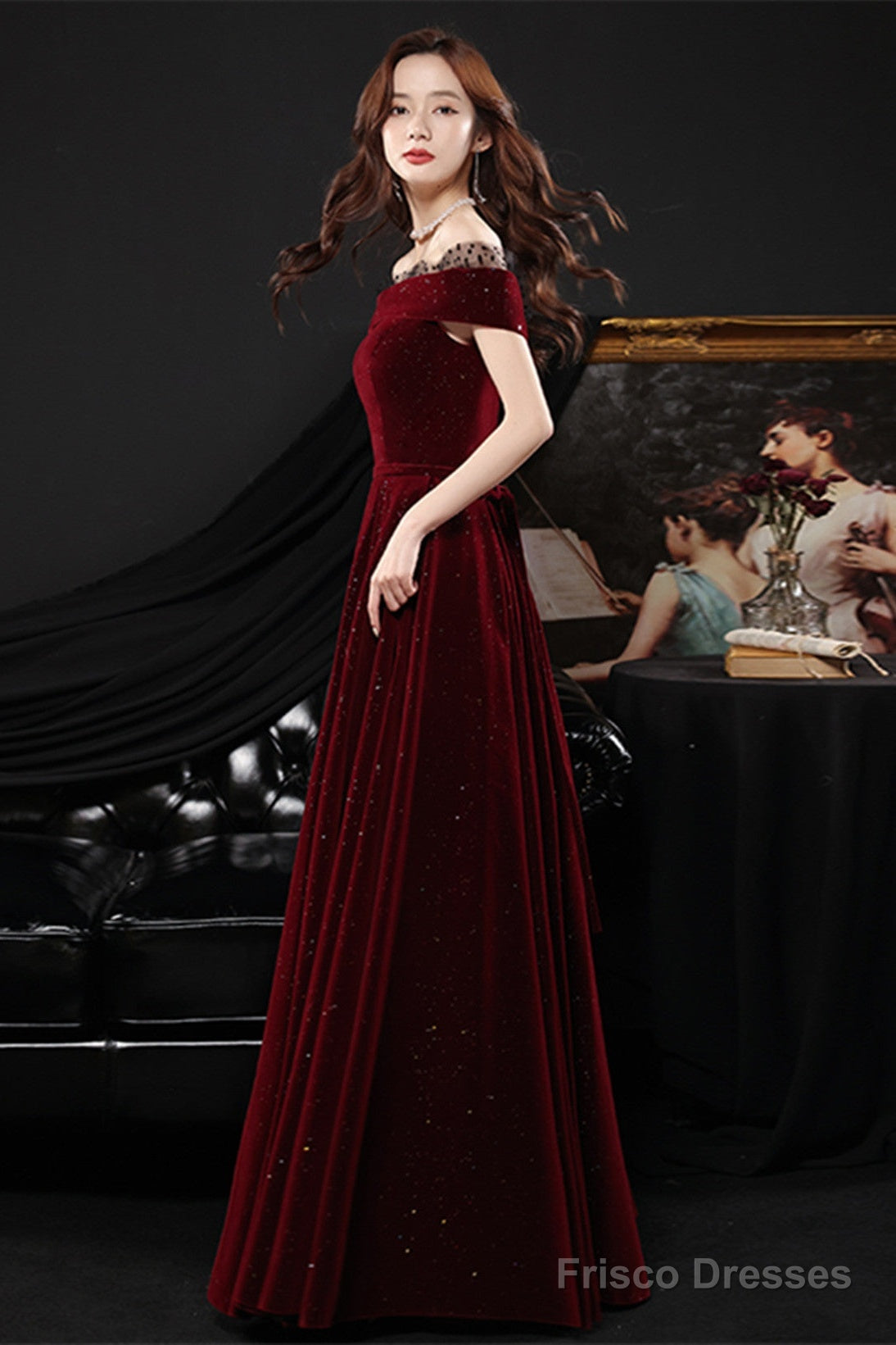 Wine Red Off Shoulder Simple Scoop Long Party Dress, Wine Red Evening Dress Main image