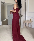 Wine Red Off Shoulder Straps Multi-Layered Ruffles Long Prom Dress