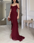 Wine Red Off Shoulder Straps Multi-Layered Ruffles Long Prom Dress