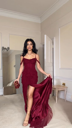 Wine Red Off Shoulder Straps Multi-Layered Ruffles Long Prom Dress