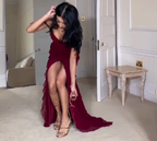 Wine Red Off Shoulder Straps Multi-Layered Ruffles Long Prom Dress