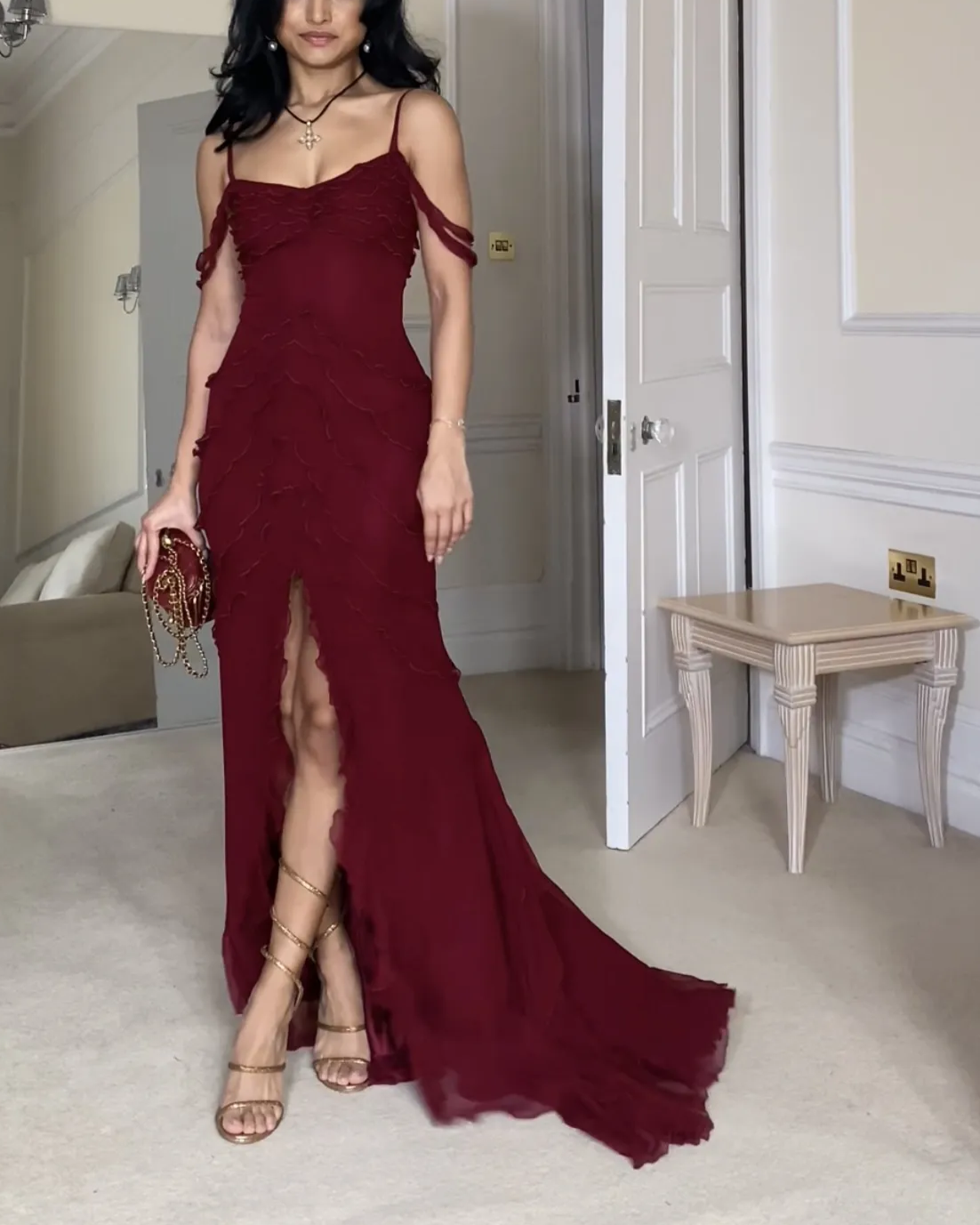 Wine Red Off Shoulder Straps Multi-Layered Ruffles Long Prom Dress Main image