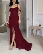 Wine Red Off Shoulder Straps Multi-Layered Ruffles Long Prom Dress