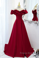 Wine Red Off Shoulder Sweetheart Long Party Dress, Wine Red Formal Prom Dress Evening Dress