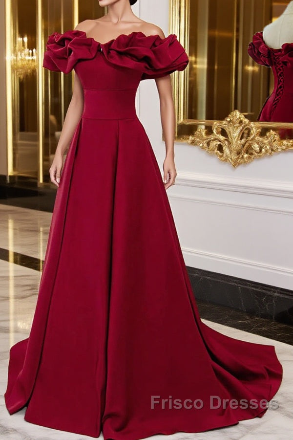 Wine Red Off Shoulder Sweetheart Long Party Dress, Wine Red Formal Prom Dress Evening Dress Main image