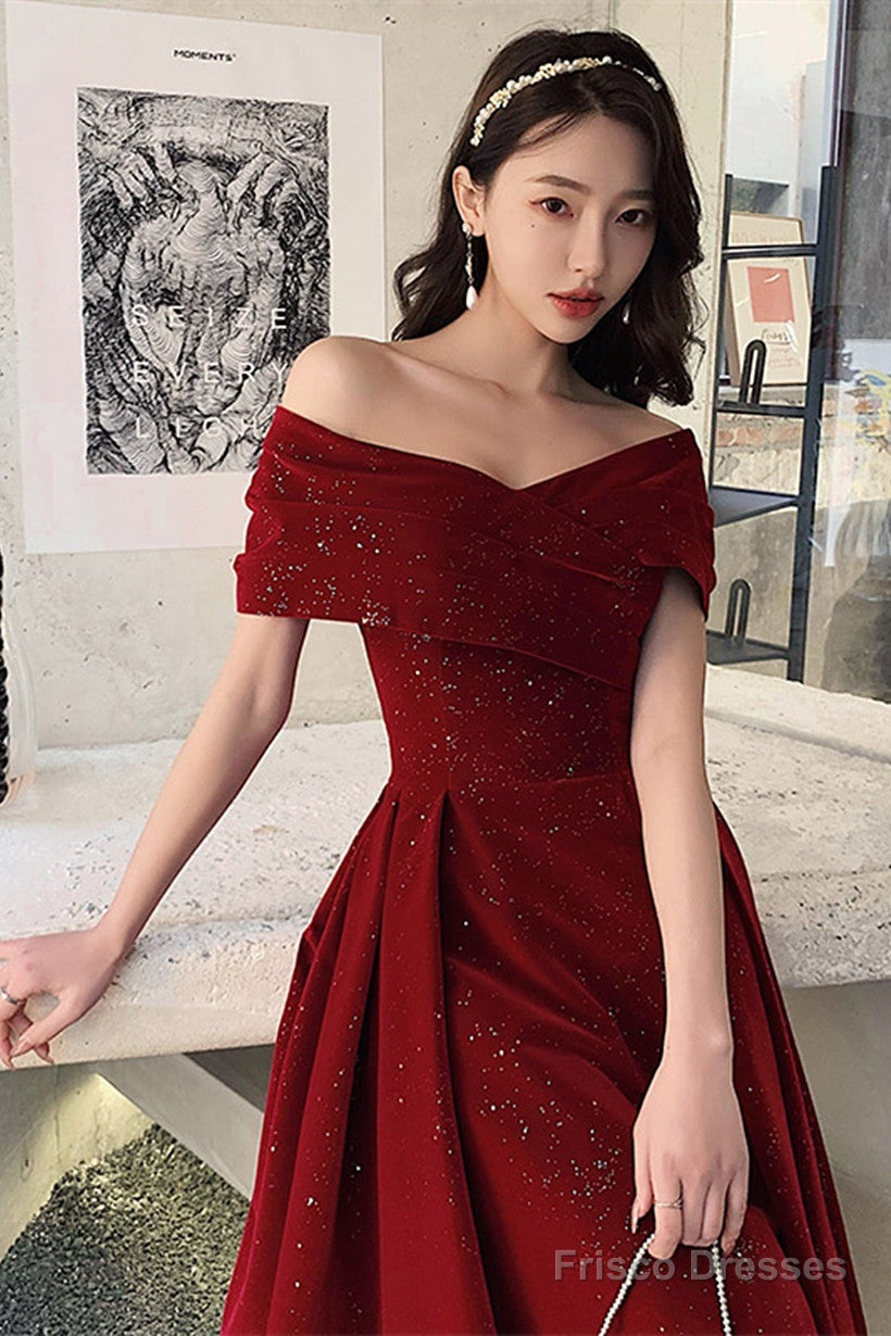Wine Red Off Shoulder Tea Length Velvet Party Dress, Wine Red Prom Dress Secondary image