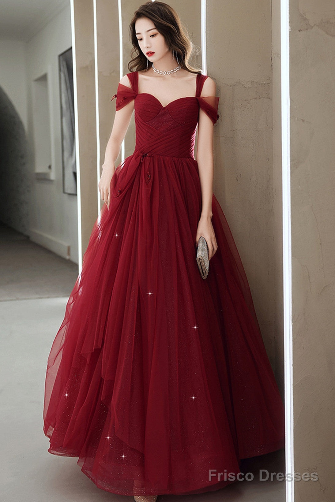 Wine Red Off Shoulder Tulle Party Dress, Wine Red Tulle Prom Dress Evening Dress Secondary image