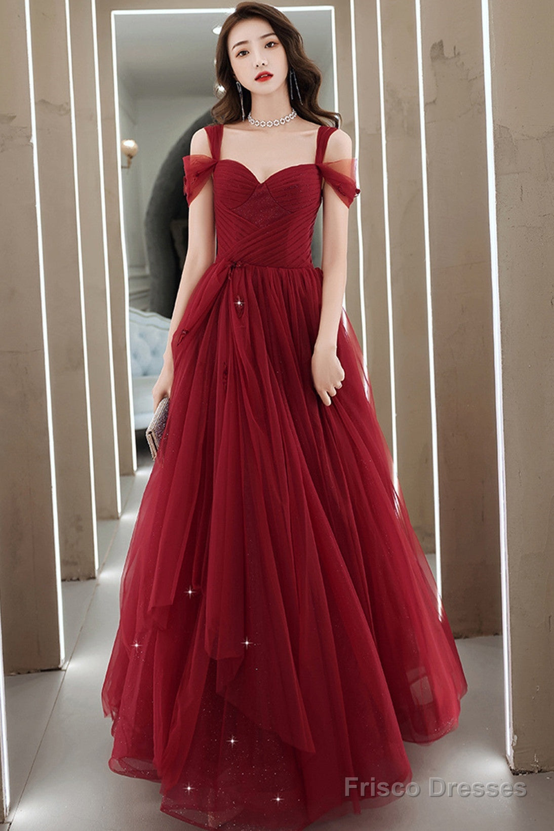 Wine Red Off Shoulder Tulle Party Dress, Wine Red Tulle Prom Dress Evening Dress Main image