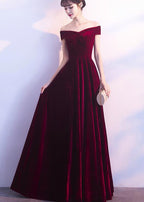 Wine Red Off Shoulder Velvet Long Wedding Party Dress, Charming Formal Gown