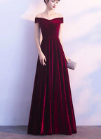 Wine Red Off Shoulder Velvet Long Wedding Party Dress, Charming Formal Gown