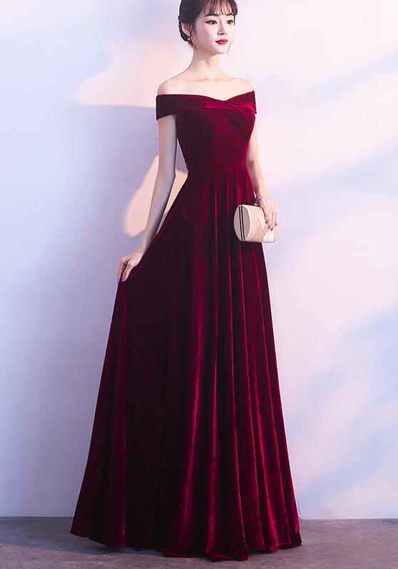 Wine Red Off Shoulder Velvet Long Wedding Party Dress, Charming Formal Gown Main image