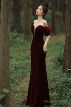 Wine Red Off Shoulder Velvet Mermaid Wedding Party Dress, Wine Red Long Prom Dress