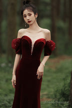 Wine Red Off Shoulder Velvet Mermaid Wedding Party Dress, Wine Red Long Prom Dress