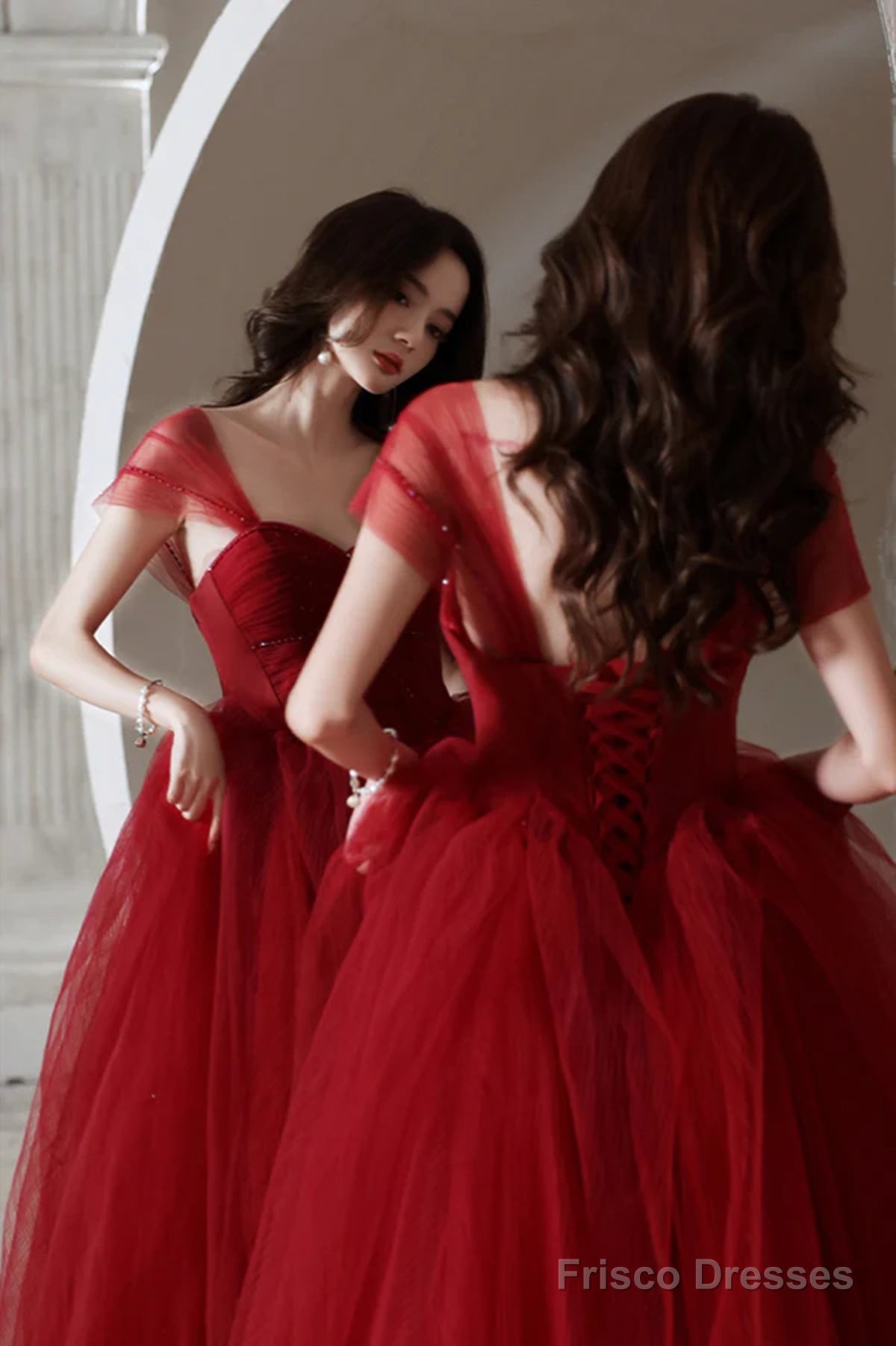 Wine Red Off Shouldertulle Long A-Line Prom Dress, Wine Red Sweetheart Evening Dress Secondary image