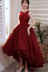 Wine Red Organza Lace High Low Chic Party Dresses Prom Dress, Wine Red Homecoming Dresses