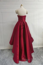 Wine Red Pretty High Low Party Dress, Wine Red Homecoming Dress, Lace-Up Junior Formal Prom Dress