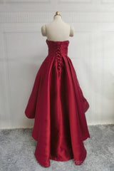 Wine Red Pretty High Low Party Dress, Wine Red Homecoming Dresses, Lace-Up Junior Prom Dress