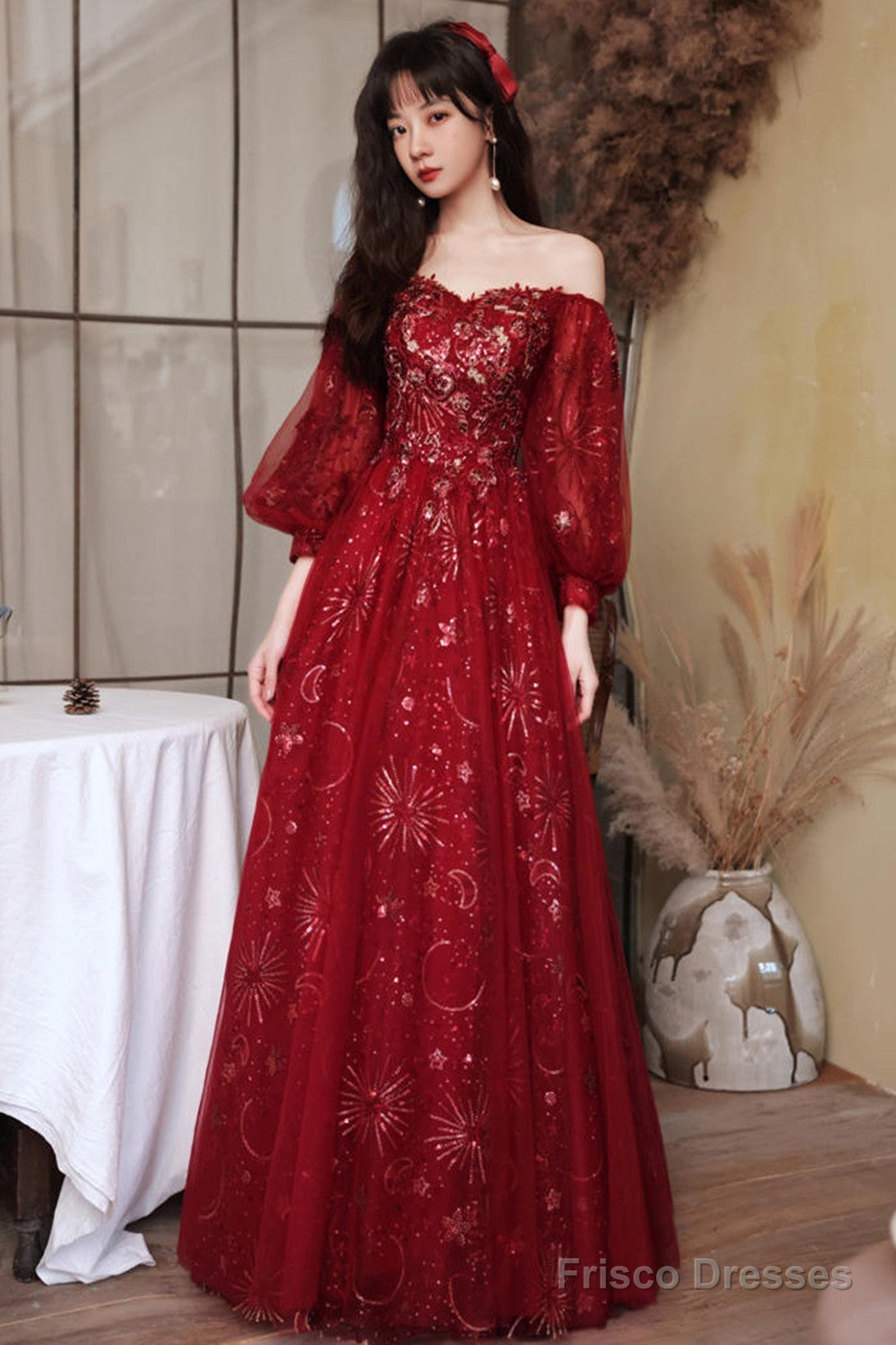 Wine Red Puffy Sleeves Tulle Long Party Dress, A-Line Wine Red Floor Length Prom Dress Main image