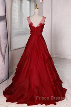 Wine Red Round Neckline A-Line Beaded Party Dress, Wine Red Long Formal Prom Dress