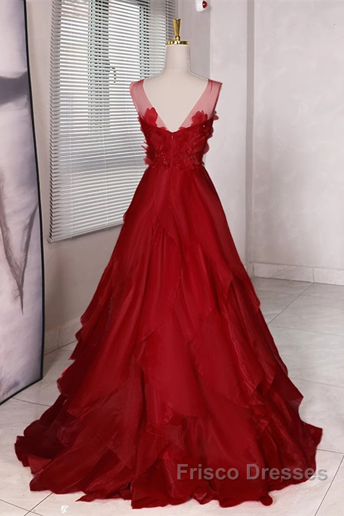 Wine Red Round Neckline A-Line Beaded Party Dress, Wine Red Long Formal Prom Dress