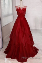 Wine Red Round Neckline A-Line Beaded Party Dress, Wine Red Long Formal Prom Dress