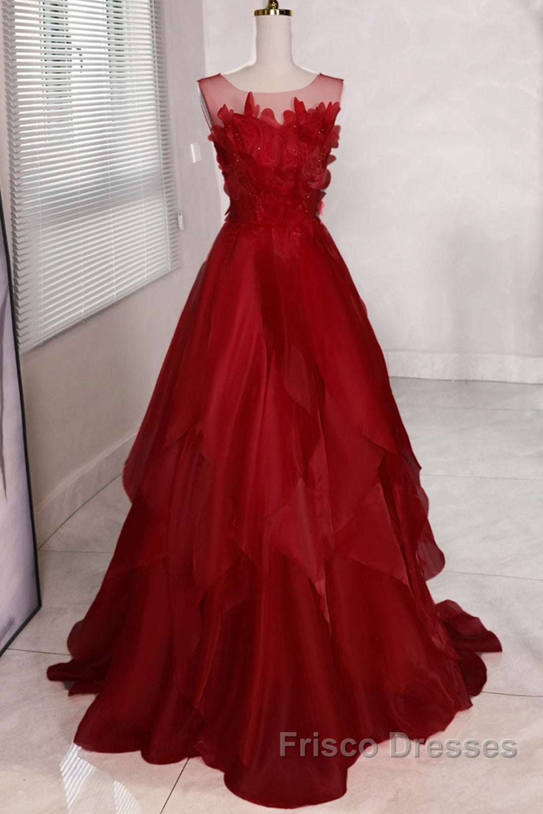 Wine Red Round Neckline A-Line Beaded Party Dress, Wine Red Long Formal Prom Dress
