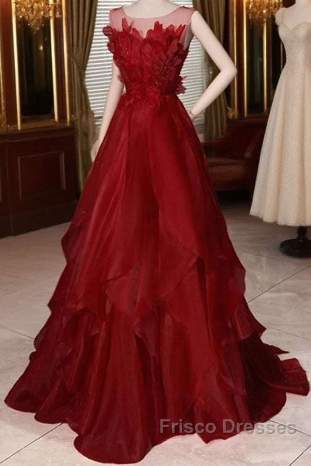 Wine Red Round Neckline A-Line Beaded Party Dress, Wine Red Long Formal Prom Dress