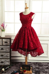 Wine Red Round Neckline Lace High Low Homecoming Dress, High Low Formal Dress