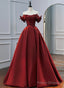 Wine Red Satin A-line Beaded Off Shoulder Party Dress, Wine Red Prom Dress Formal Dress