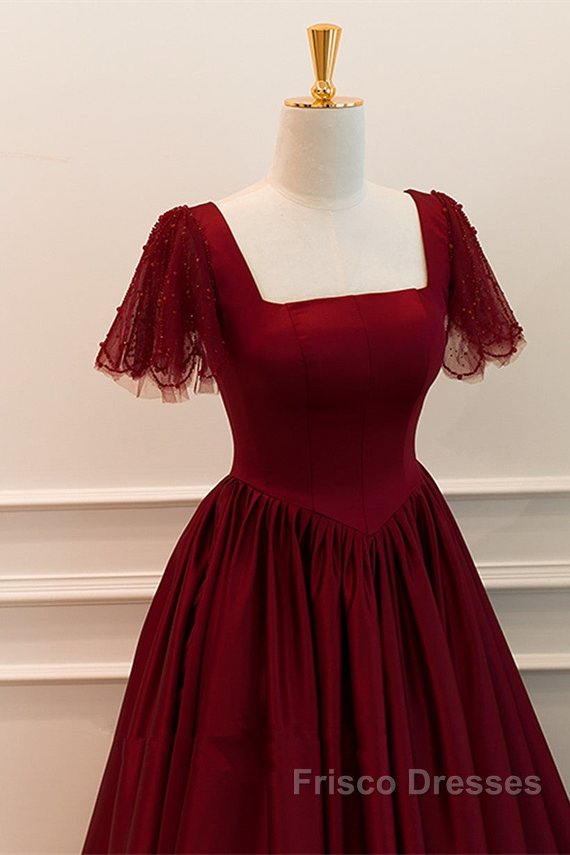 Wine Red Satin A-Line Floor Length Party Dress, Wine Red Evening Dress Secondary image