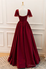 Wine Red Satin A-Line Floor Length Party Dress, Wine Red Evening Dress