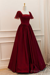 Wine Red Satin A-Line Floor Length Party Dress, Wine Red Evening Dress