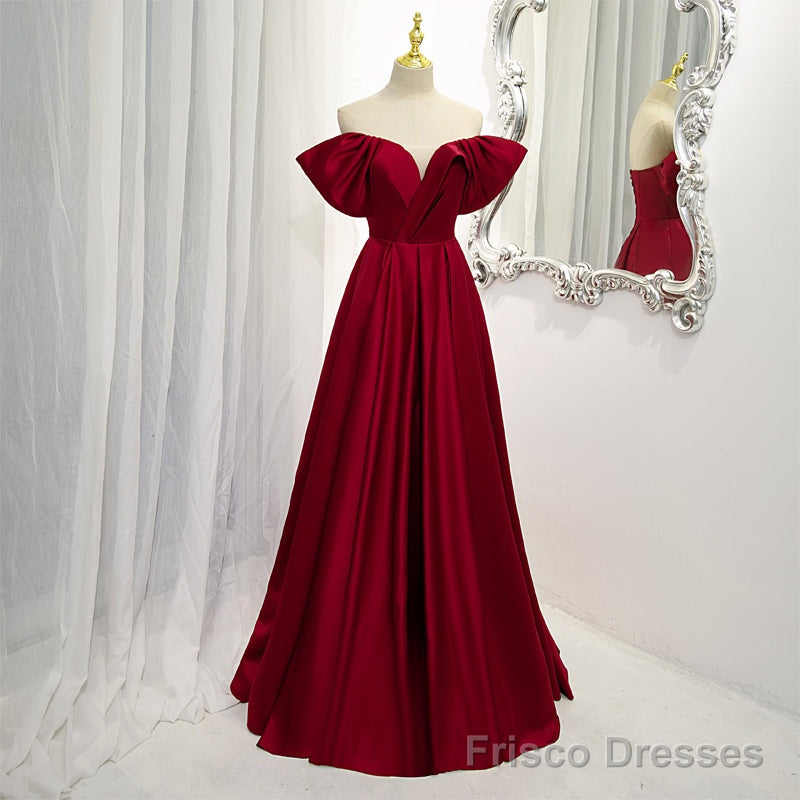 Wine Red Satin A-line Floor Length Party Dresses, Burgundy Long Formal Dresses Main image