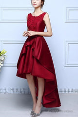 Wine Red Satin And Lace High Low Homecoming Dress , Lovely Formal Dresses