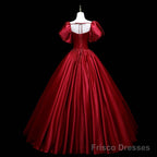 Wine Red Satin Beaded Ball Gown Sweet 16 Dress, Wine Red Evening Formal Dress