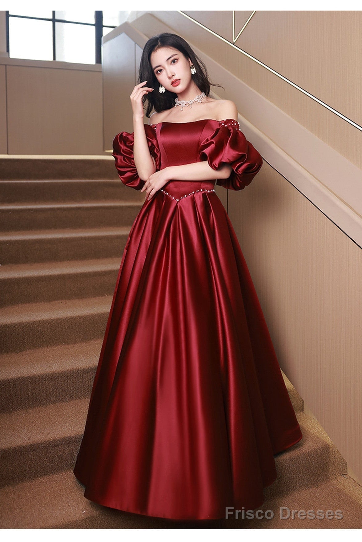 Wine Red Satin Beaded Chic Long Party Dress, Wine Red Puffy Sleeves Prom Dress Secondary image