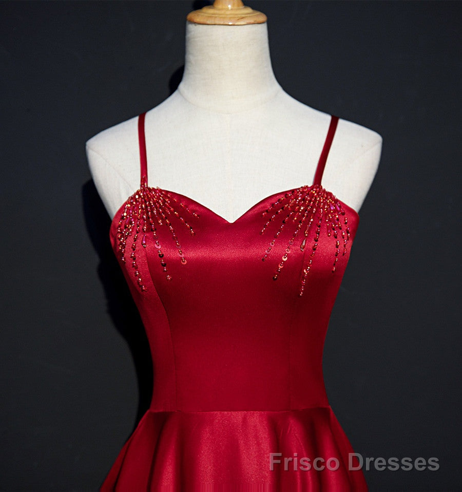 Wine Red Satin Beaded Sweetheart Party Dress, A-line Wine Red Prom Dress