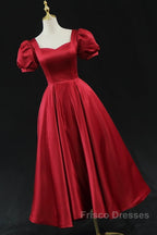 Wine Red Satin Bridesmaid Dress Party Dress, Tea Length Formal Prom Dress