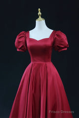 Wine Red Satin Bridesmaid Dress Party Dress, Tea Length Prom Dresses