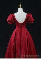 Wine Red Satin Bridesmaid Dress Party Dress, Tea Length Formal Prom Dress