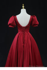 Wine Red Satin Bridesmaid Dress Party Dress, Tea Length Prom Dresses