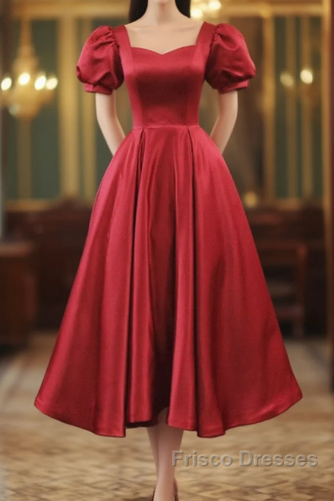 Wine Red Satin Bridesmaid Dress Party Dress, Tea Length Formal Prom Dress