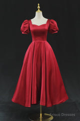 Wine Red Satin Bridesmaid Dress Party Dress, Tea Length Prom Dresses
